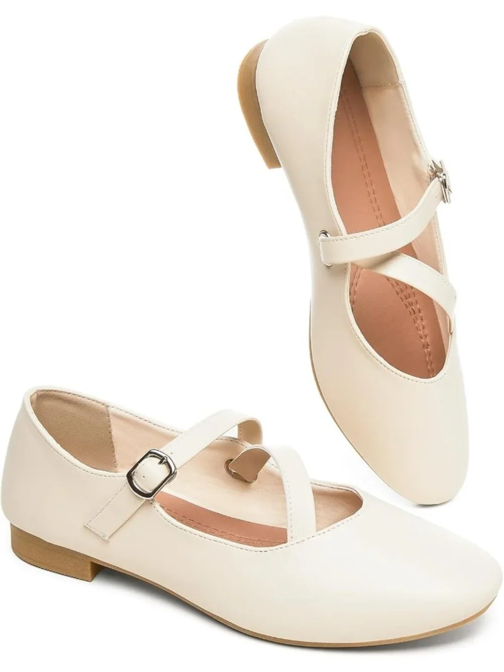 Women's Nude Rubber Cross Buckle Strap Ballet Flat Soft Memory Foam Casual Shoes